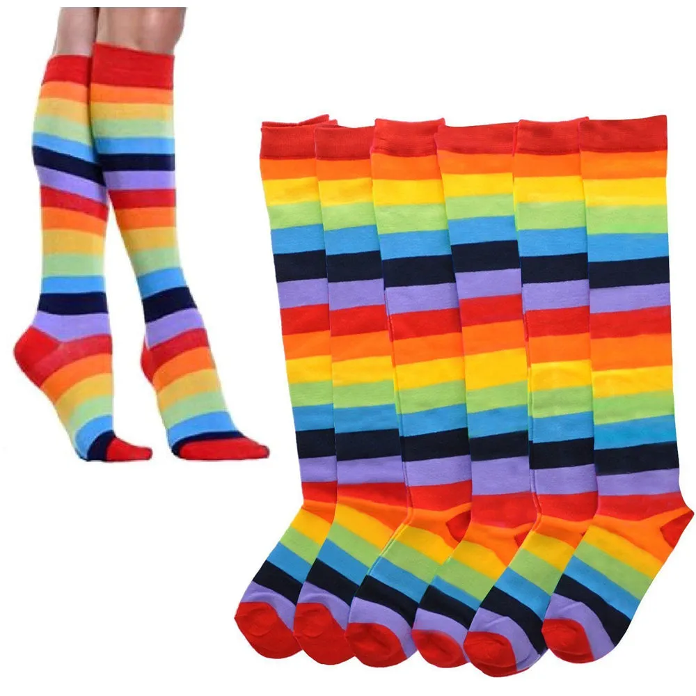 12 Pairs Women Knee High Rainbow Striped Socks Girl Soccer Pride Multi-colors