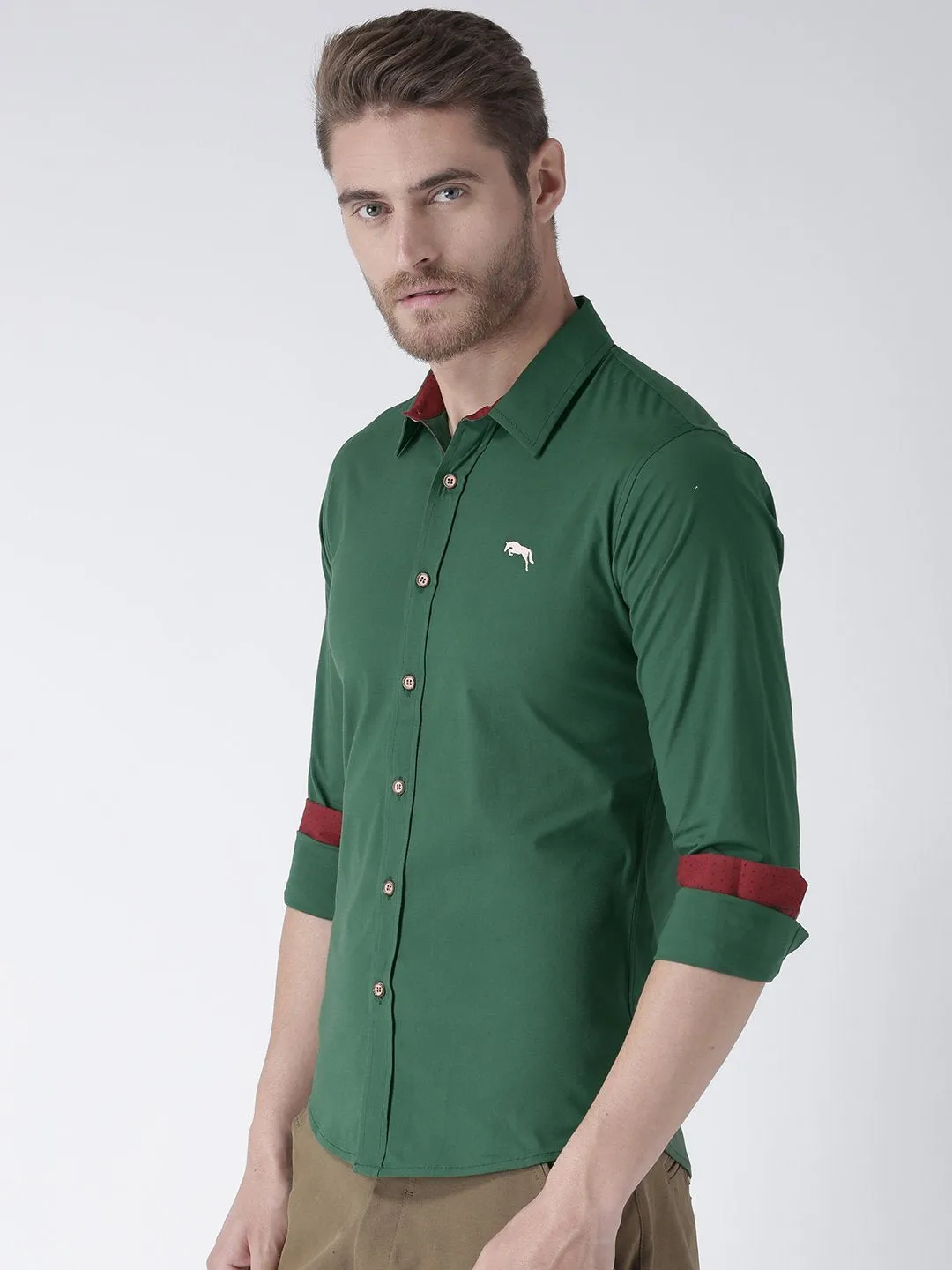 Men Green Solid Cotton Regular Fit Shirt