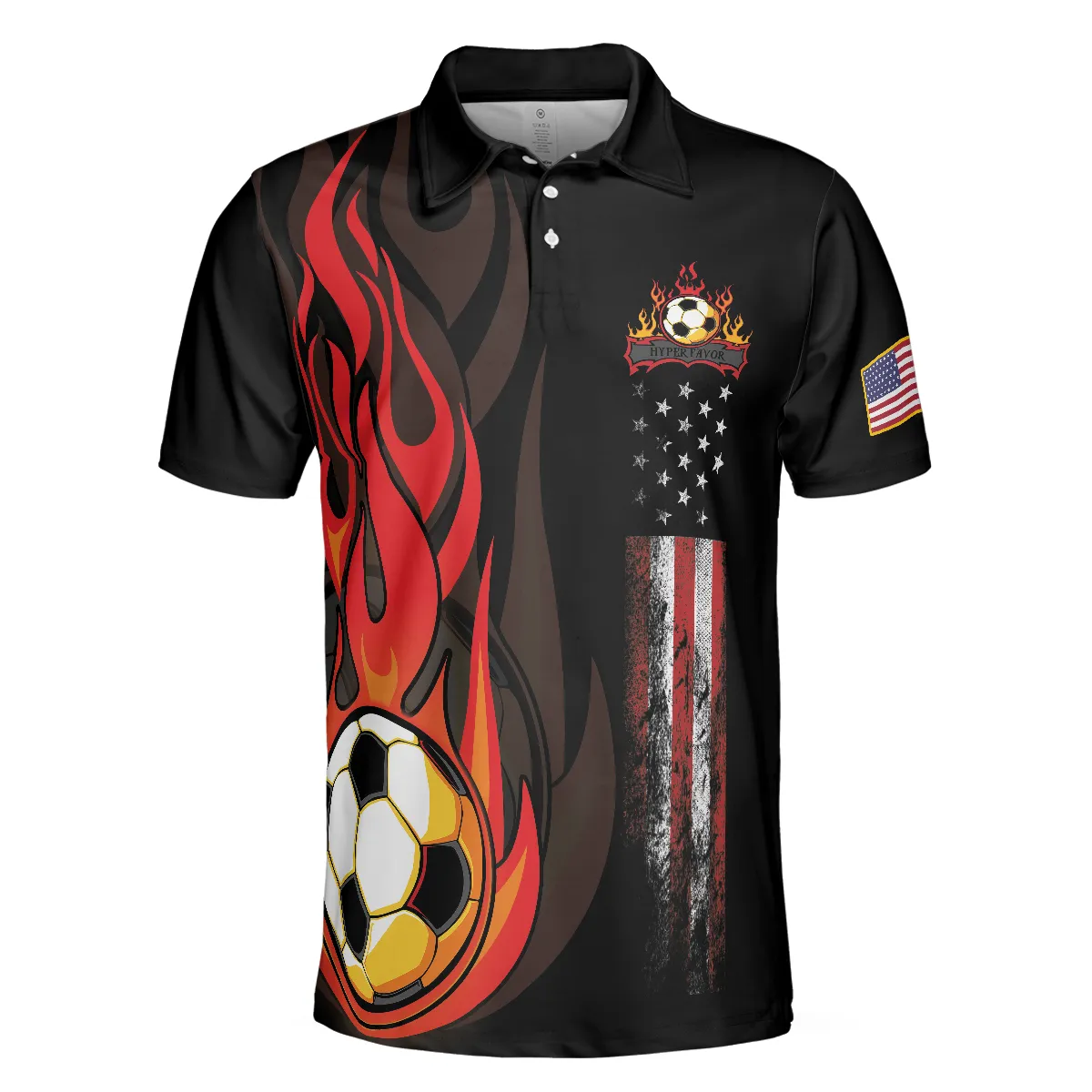 Soccer Flame Short Sleeve Black Polo Shirt, Black American Flag Polo Shirt, Best Soccer Shirt For Men