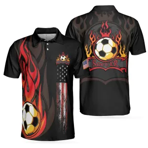Soccer Flame Short Sleeve Black Polo Shirt, Black American Flag Polo Shirt, Best Soccer Shirt For Men