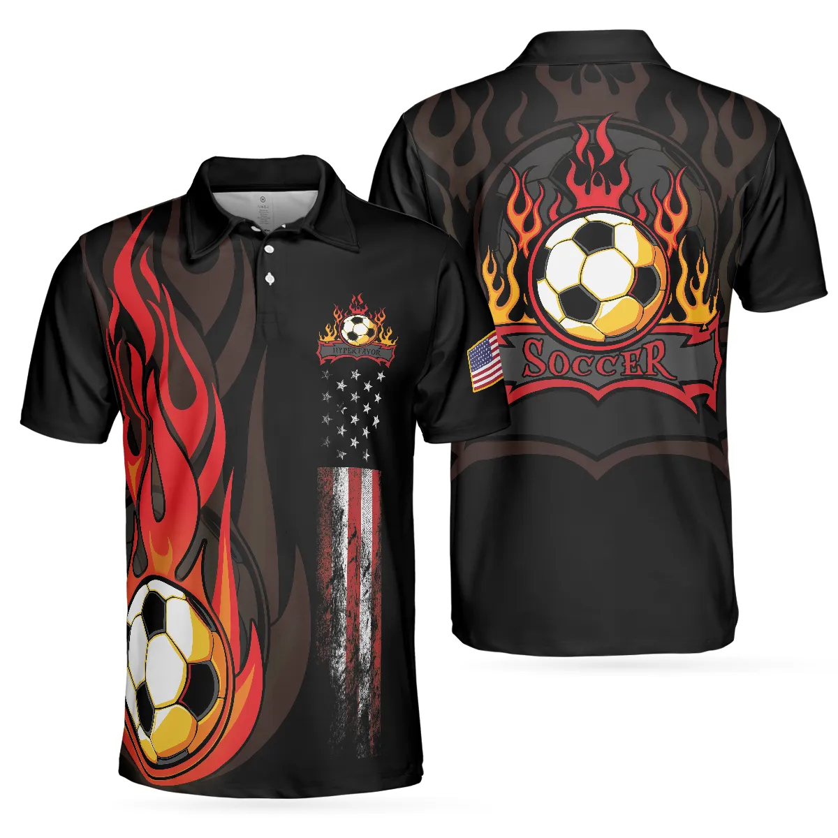 Soccer Flame Short Sleeve Black Polo Shirt, Black American Flag Polo Shirt, Best Soccer Shirt For Men