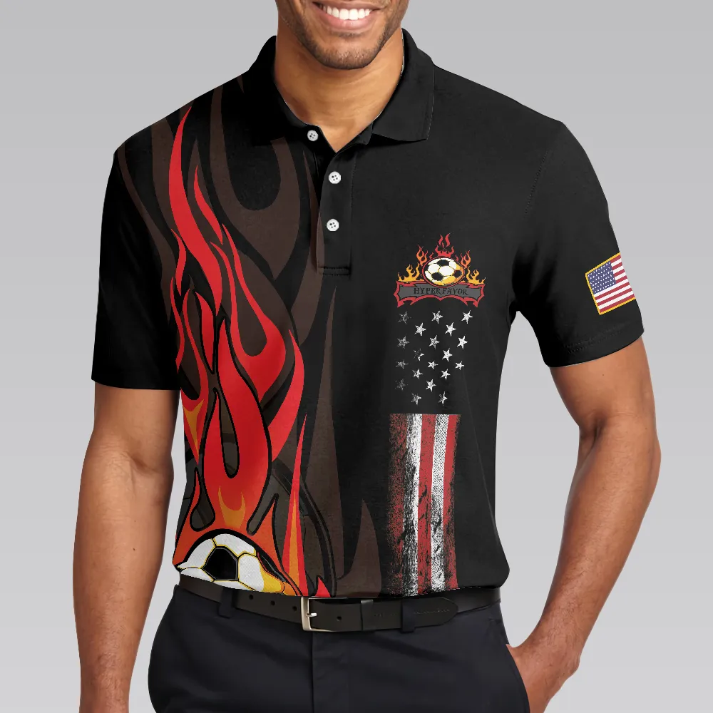 Soccer Flame Short Sleeve Black Polo Shirt, Black American Flag Polo Shirt, Best Soccer Shirt For Men
