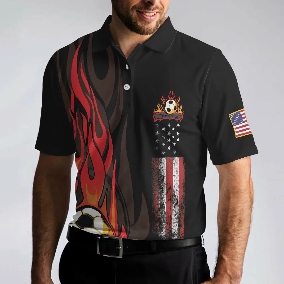 Soccer Flame Short Sleeve Black Polo Shirt, Black American Flag Polo Shirt, Best Soccer Shirt For Men